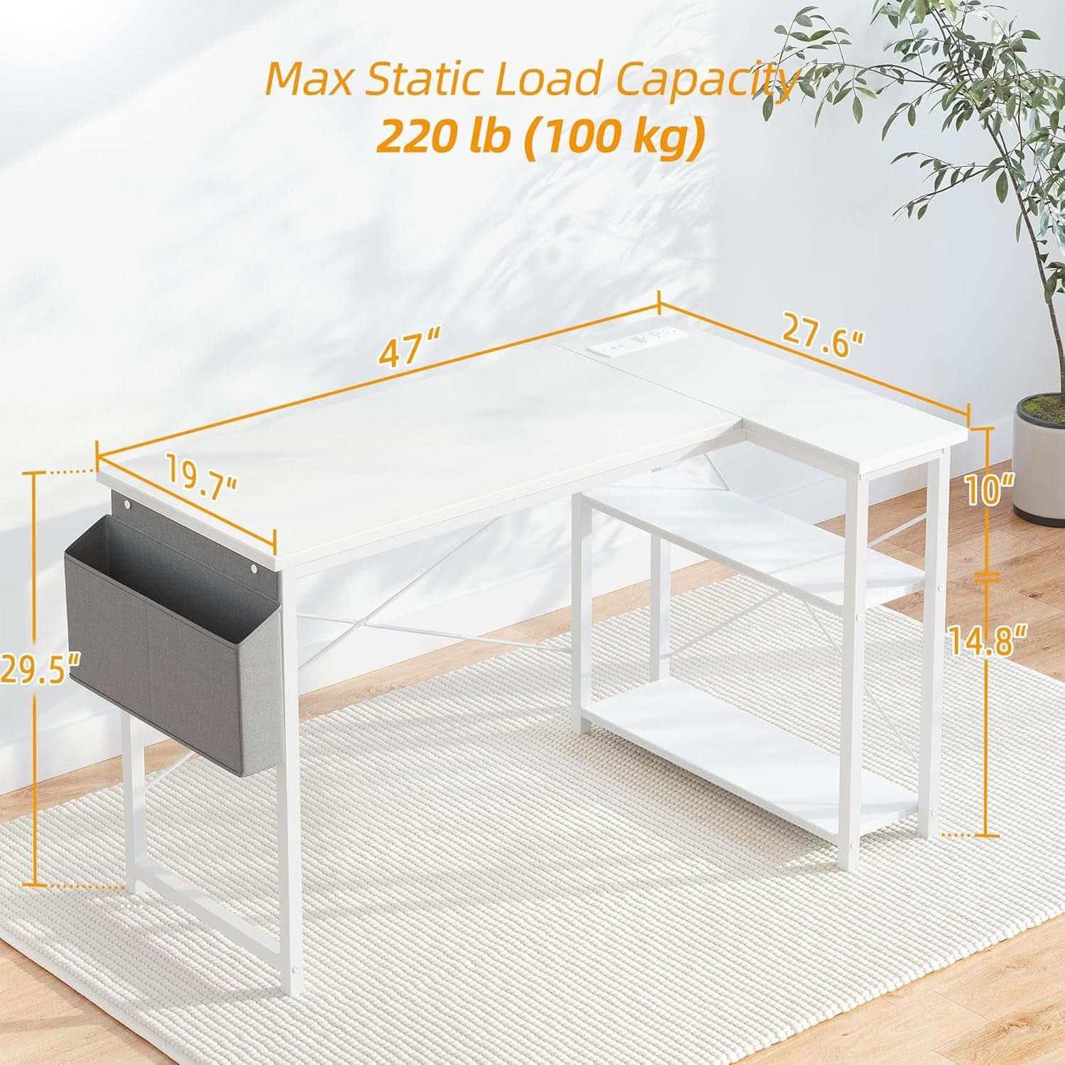 L Shaped Corner Desk 47 Inch With Power Outlets White - HearthHub