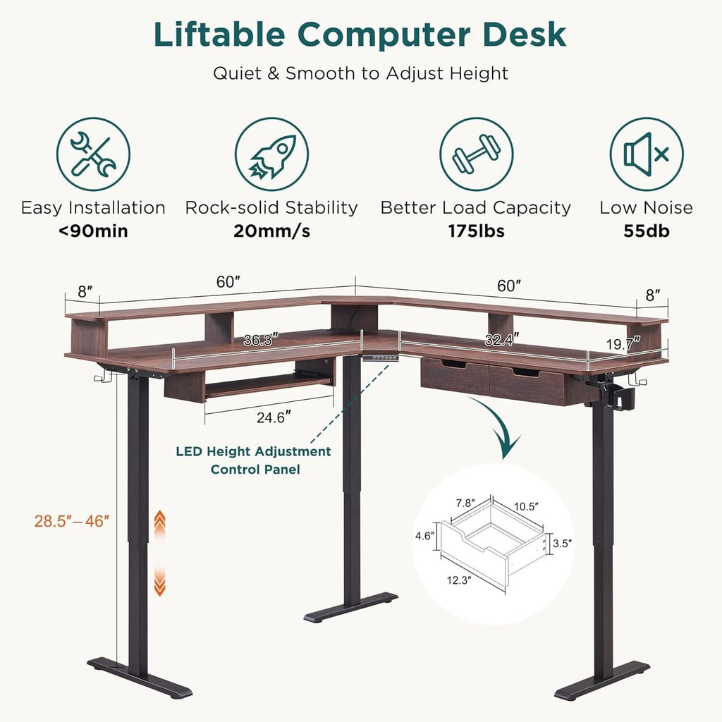 60 Inch Elevated Electric Standing Desk Dark Walnut - HearthHub