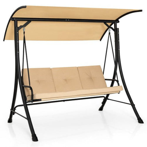 3 - Seat Outdoor Porch Swing with Adjustable Canopy and Padded Cushions - Beige - HearthHub