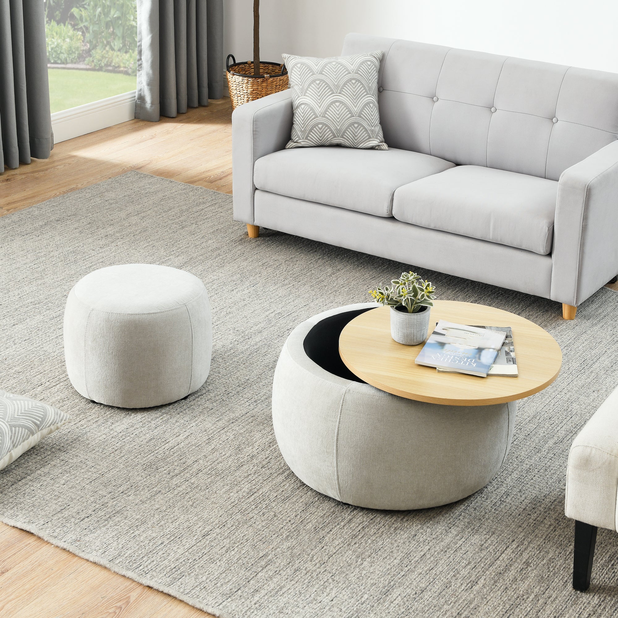 Modern Classic Round Storage Ottoman Coffee Table with Removable Top - HearthHub