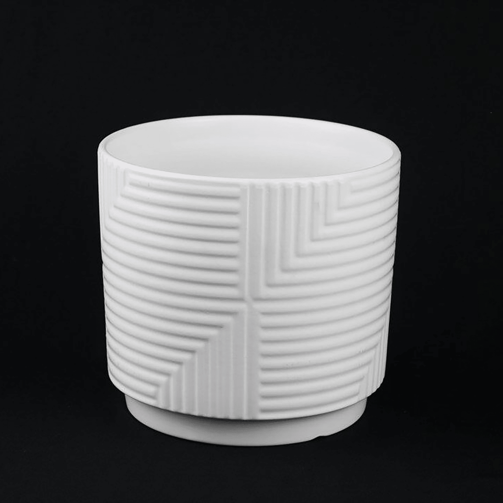 3 - Piece White Stoneware Planter Set with Geometric Line Design - HearthHub