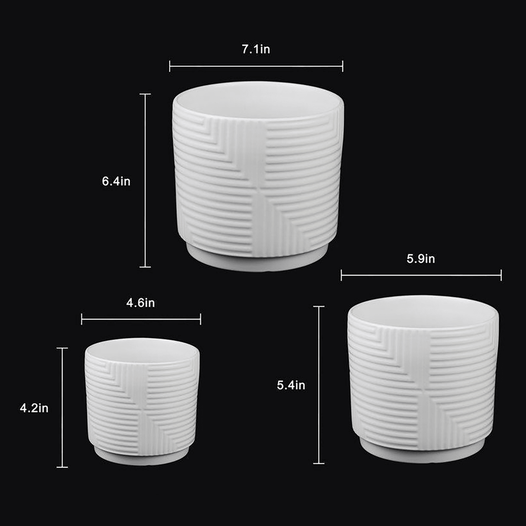 3 - Piece White Stoneware Planter Set with Geometric Line Design - HearthHub