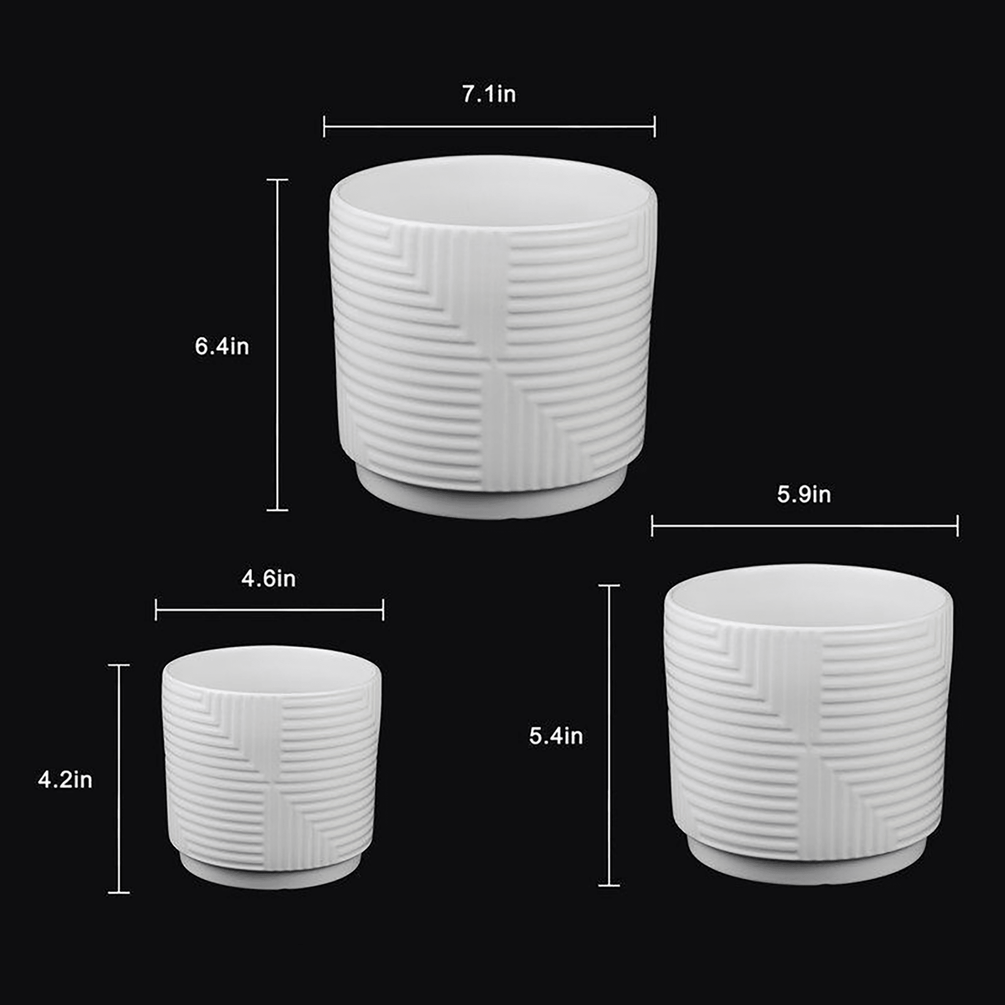3 - Piece White Stoneware Planter Set with Geometric Line Design - HearthHub