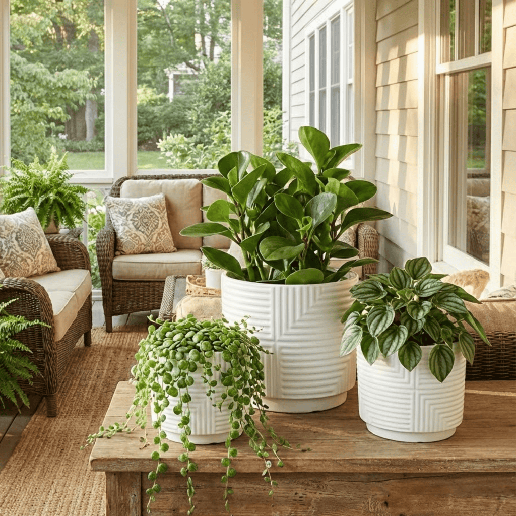 3 - Piece White Stoneware Planter Set with Geometric Line Design - HearthHub