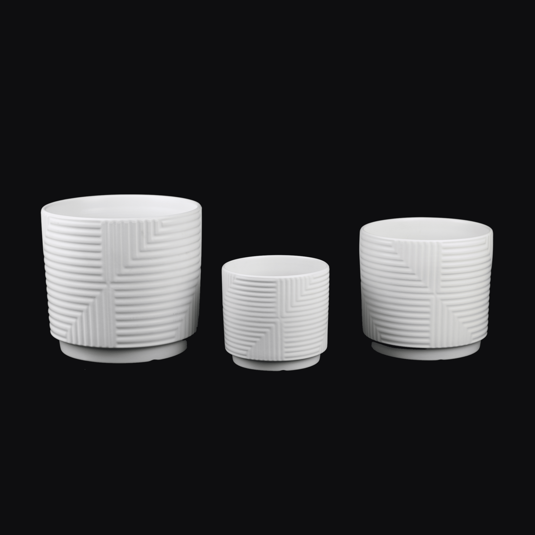 3 - Piece White Stoneware Planter Set with Geometric Line Design - HearthHub