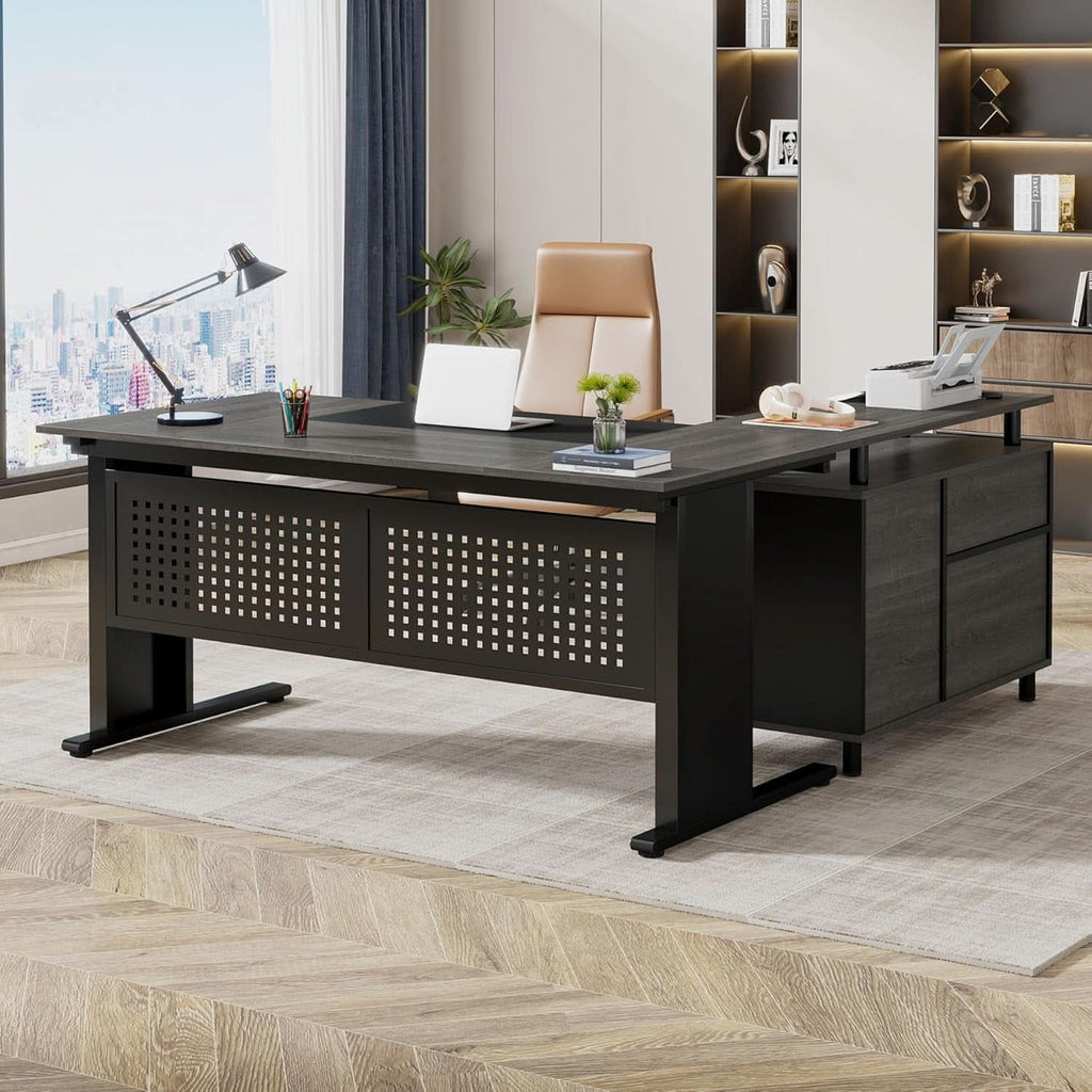 63 Inch Executive Desk With Integrated Cabinet Gray - HearthHub