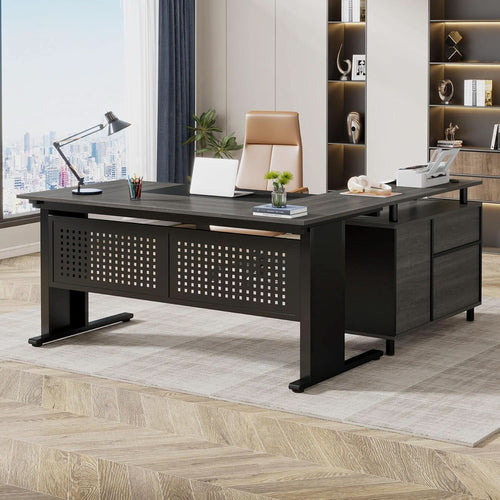 63 Inch Executive Desk With Integrated Cabinet Gray - HearthHub