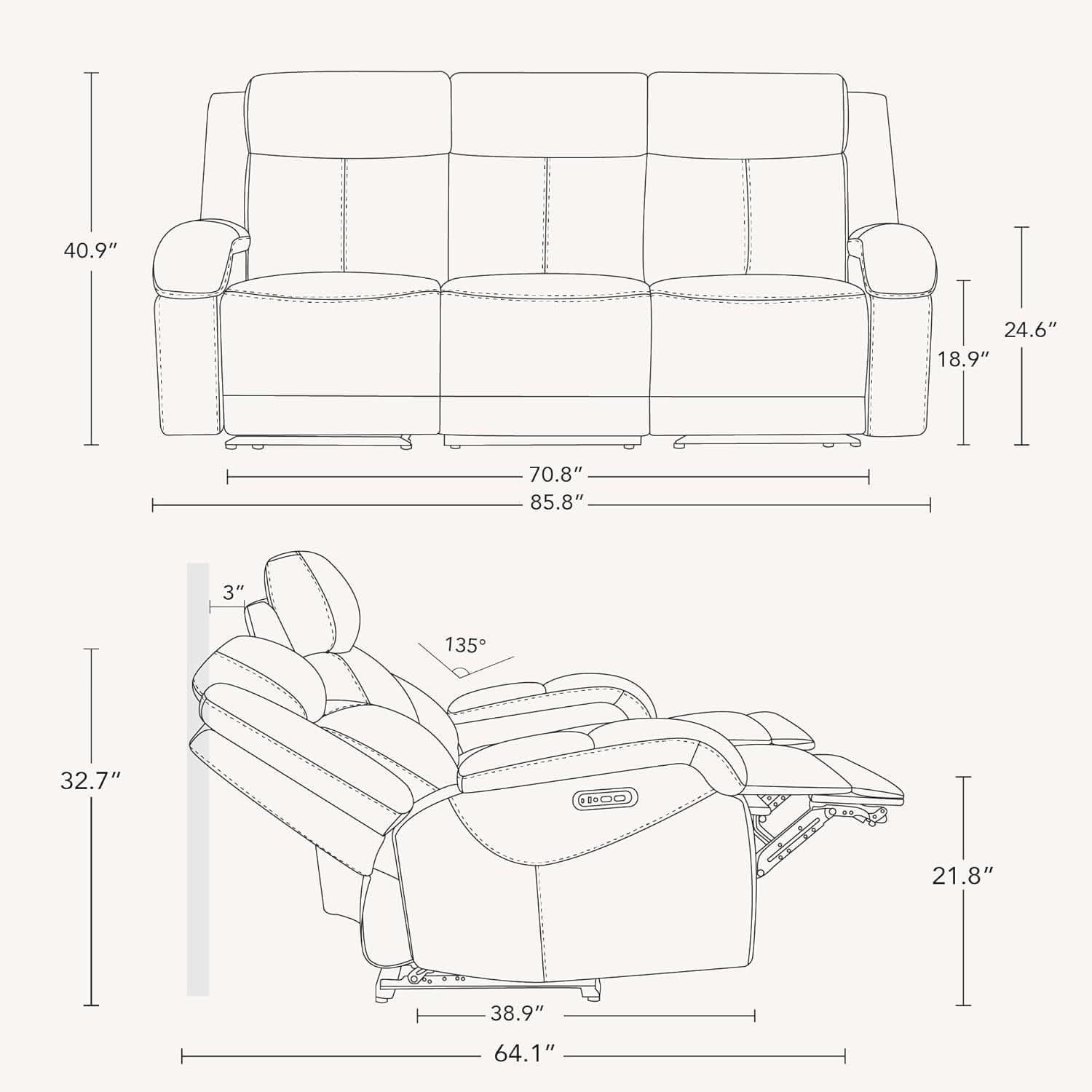 Navy Genuine Leather Power Recliner Sofa With USB Type C - HearthHub