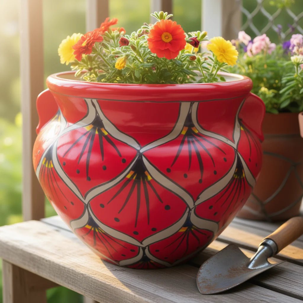 Red Peacock Talavera Planter | Hand - Painted Mexican Pot - HearthHub
