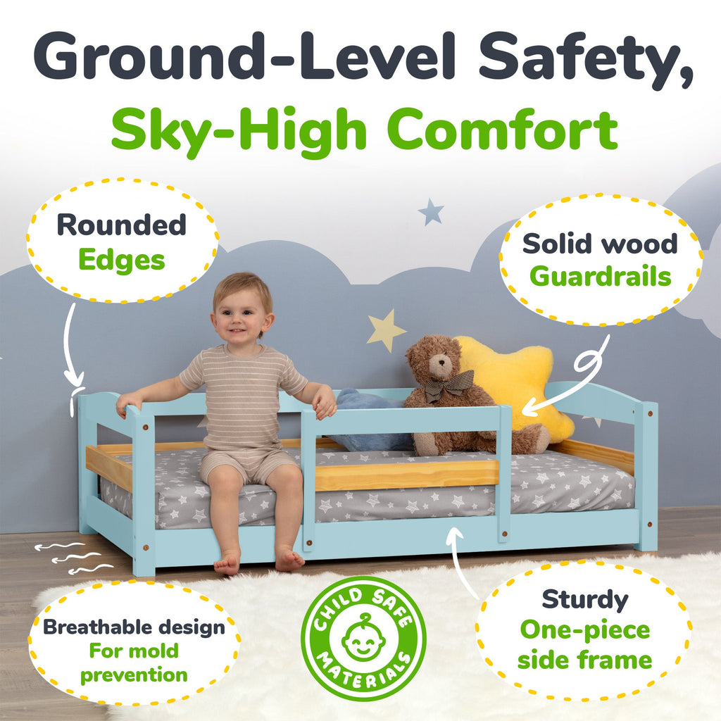 Crib Size Wooden Floor Bed Frame with Rails for Toddlers Age 1–3 - HearthHub