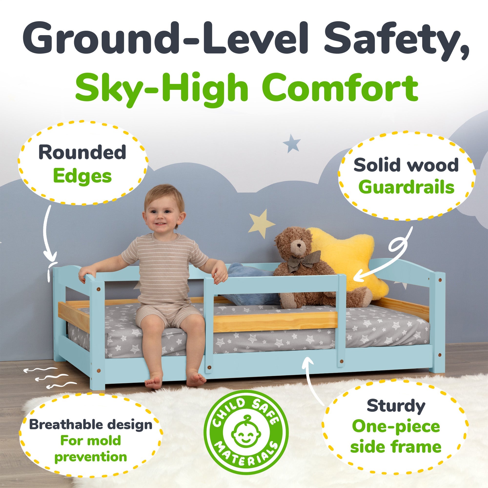Crib Size Wooden Floor Bed Frame with Rails for Toddlers Age 1–3 - HearthHub