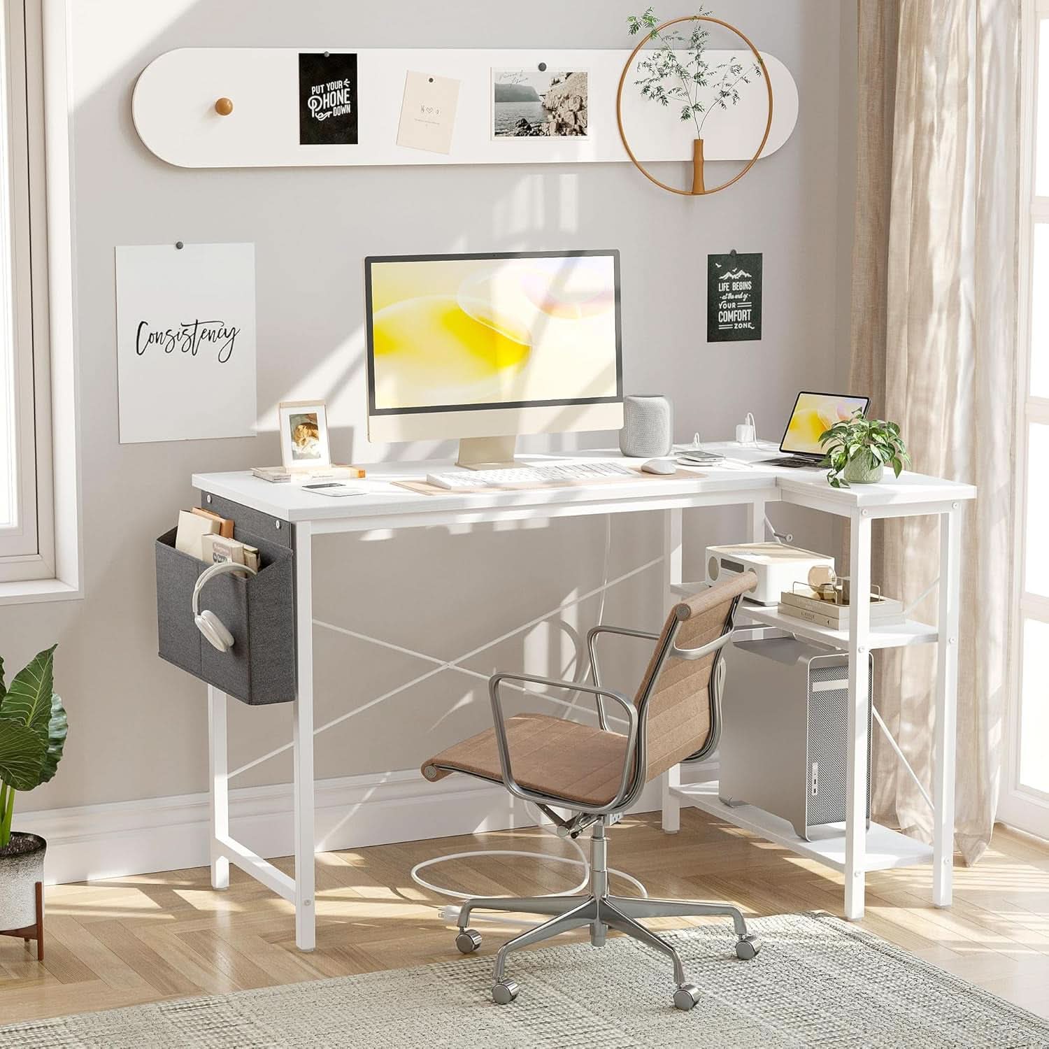 L Shaped Corner Desk 47 Inch With Power Outlets White - HearthHub