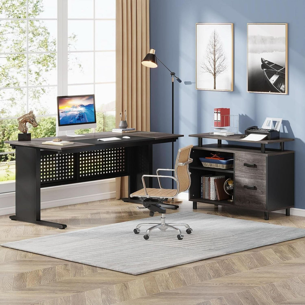 63 Inch Executive Desk With Integrated Cabinet Gray - HearthHub