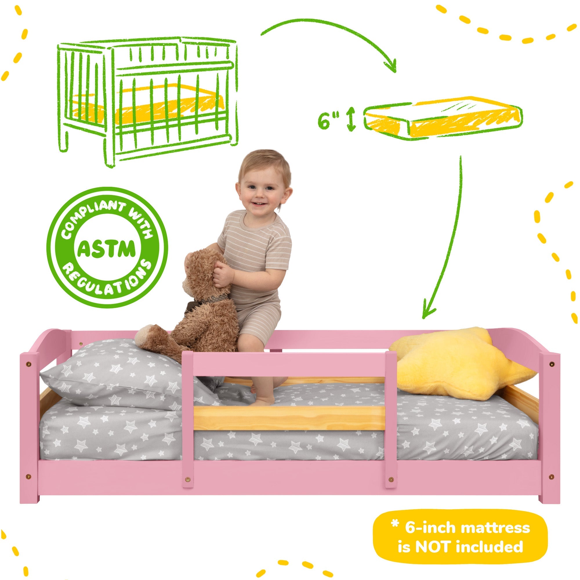 Crib Size Wooden Floor Bed Frame with Rails for Toddlers Age 1–3 - HearthHub