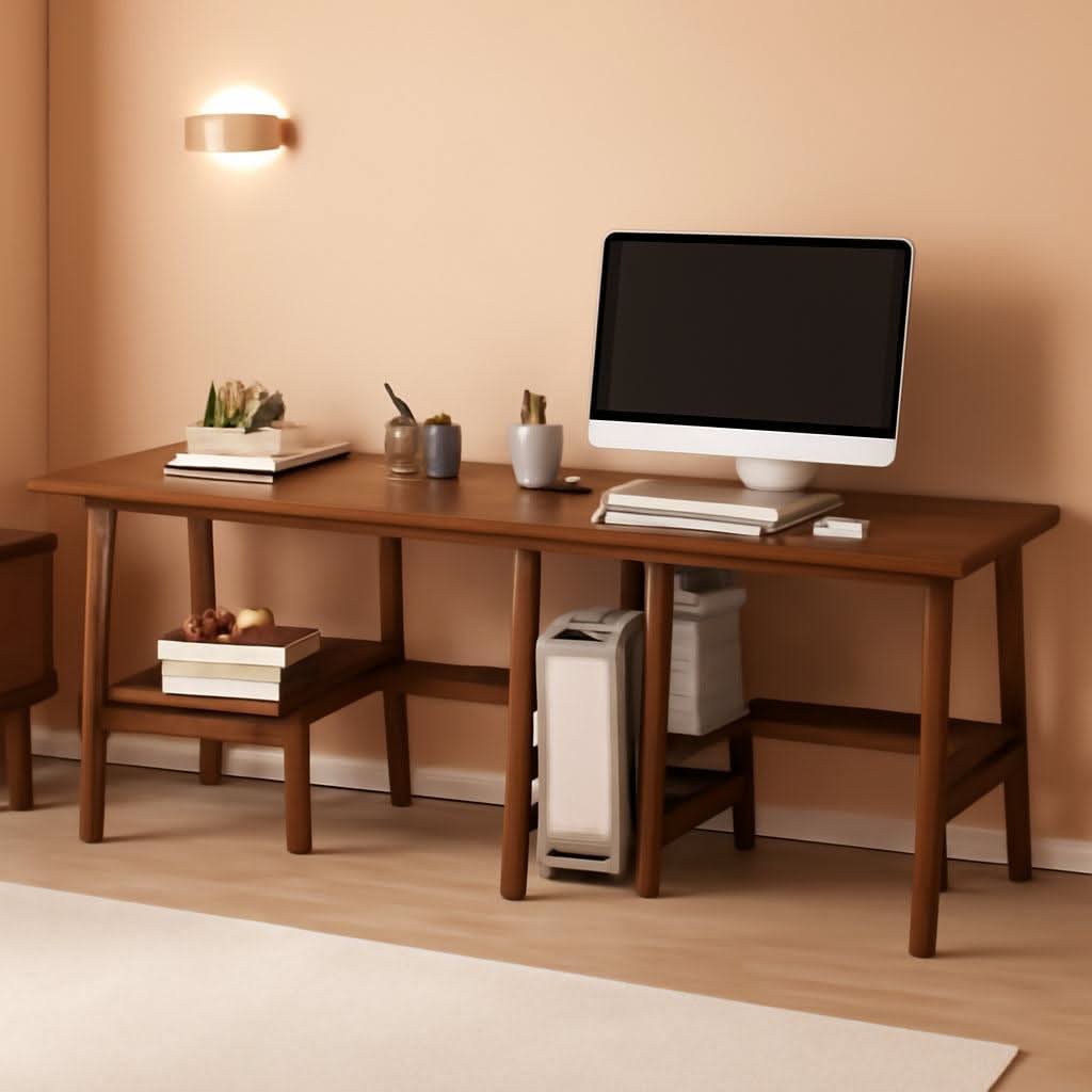 Two Person Desk Walnut 79 Inch Extended Workstation Shelves - HearthHub