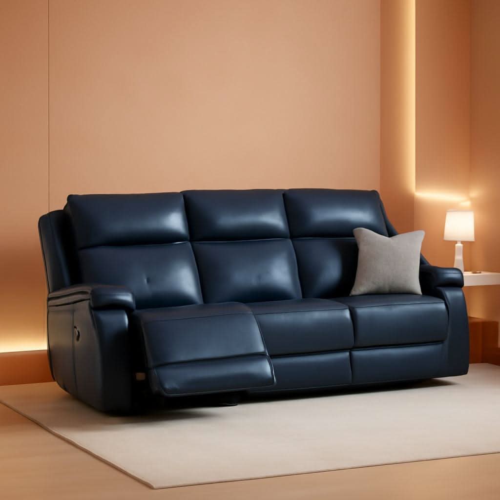 Navy Genuine Leather Power Recliner Sofa With USB Type C - HearthHub
