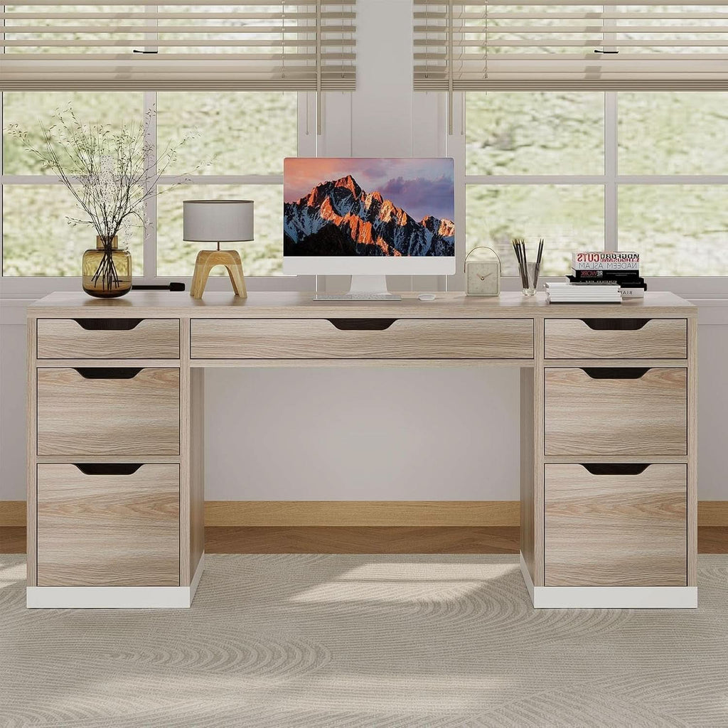 54 Inch Computer Desk With Storage Drawers White Walnut - HearthHub