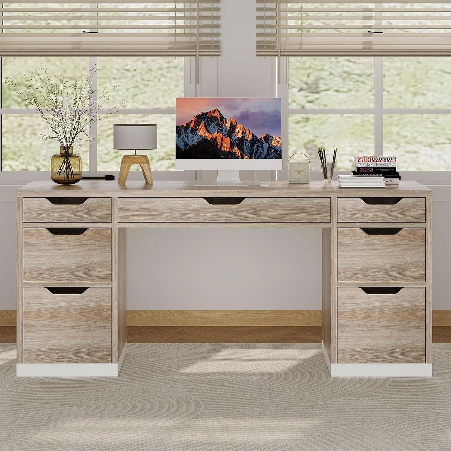 54 Inch Computer Desk With Storage Drawers White Walnut - HearthHub