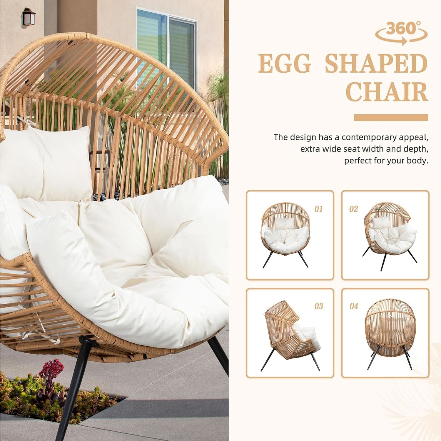Beige Wicker Egg Chair With Cushion Outdoor Lounge - HearthHub