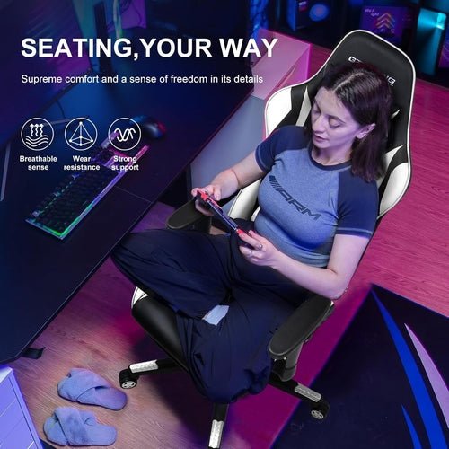 White Ergonomic Gaming Chair With Footrest And Height Adjustable - HearthHub