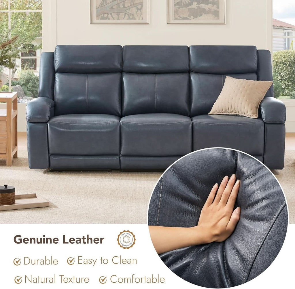 Navy Genuine Leather Power Recliner Sofa With USB Type C - HearthHub