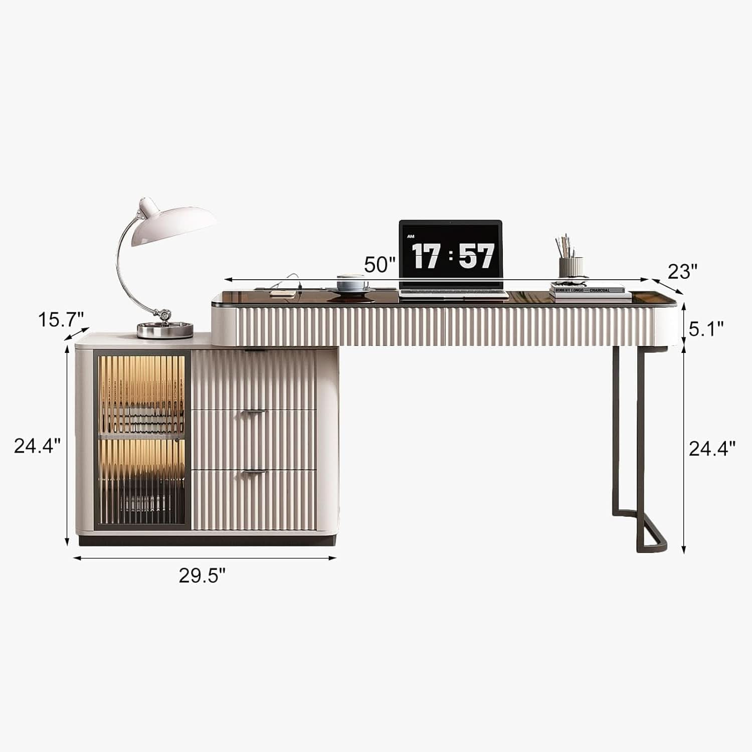 Ivory 50 Inch Office Computer Desk With Cabinet LED lights - HearthHub