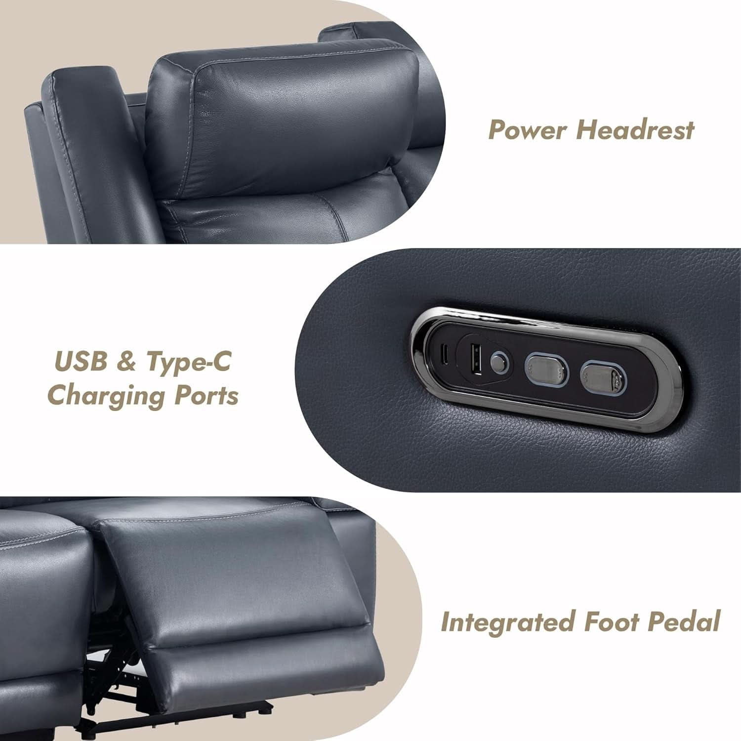 Navy Genuine Leather Power Recliner Sofa With USB Type C - HearthHub