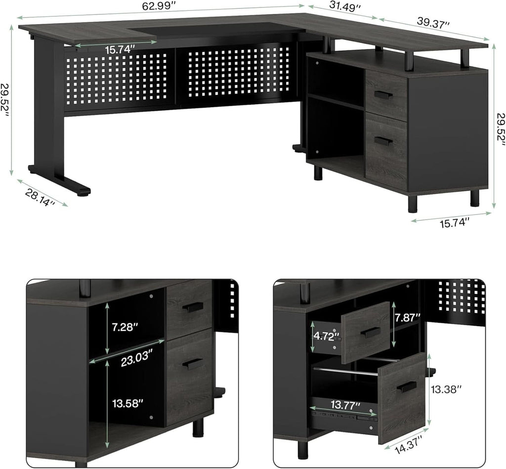 63 Inch Executive Desk With Integrated Cabinet Gray - HearthHub
