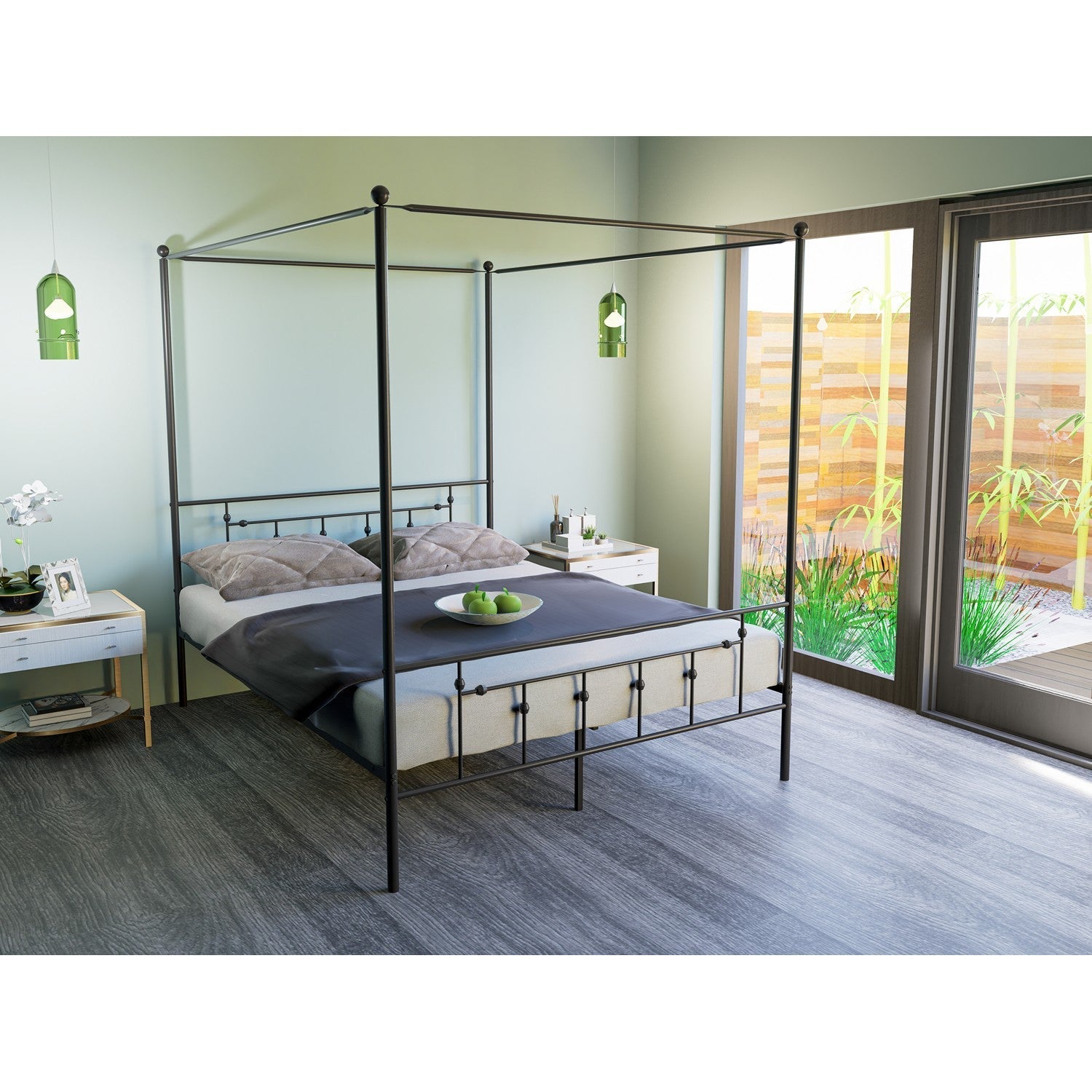 EAST WEST FURNITURE - ATQCBLK - Anniston Canopy Bed with Deluxe Style Headboard and Footboard - Luxurious Metal Frame in Powder Coating Black - HearthHub