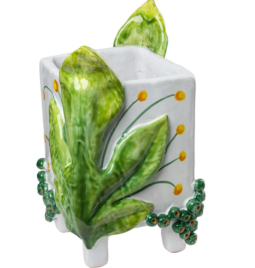Garden Party Ceramic Cachepot with Green Leaves - HearthHub