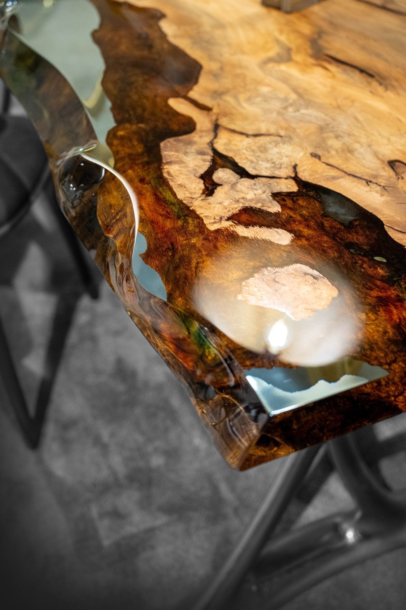 Natural Epoxy Side Dining Table Made Of Linden Wood | Aluminum Legs Featured - HearthHub