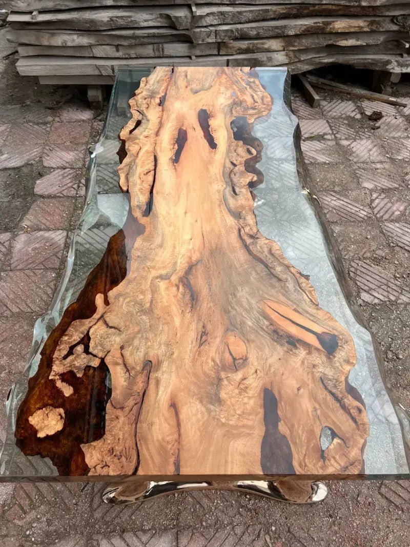 Natural Epoxy Side Dining Table Made Of Linden Wood | Aluminum Legs Featured - HearthHub