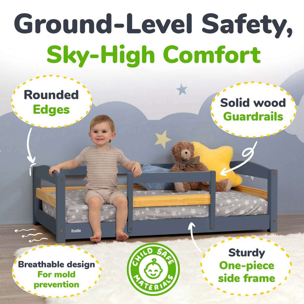 Crib Size Wooden Floor Bed Frame with Rails for Toddlers Age 1–3 - HearthHub