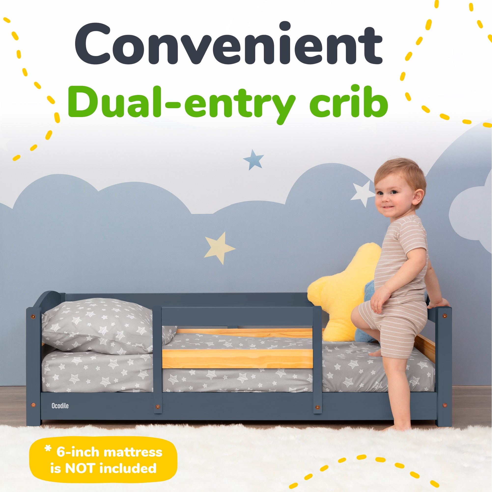 Crib Size Wooden Floor Bed Frame with Rails for Toddlers Age 1–3 - HearthHub