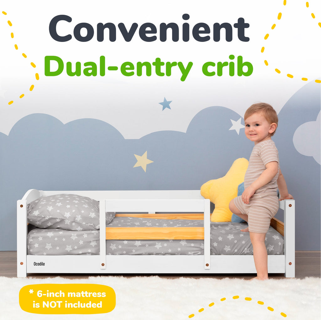 Crib Size Wooden Floor Bed Frame with Rails for Toddlers Age 1–3 - HearthHub