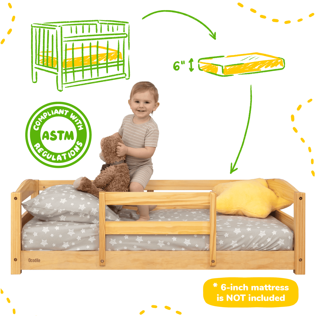 Crib Size Wooden Floor Bed Frame with Rails for Toddlers Age 1–3 - HearthHub
