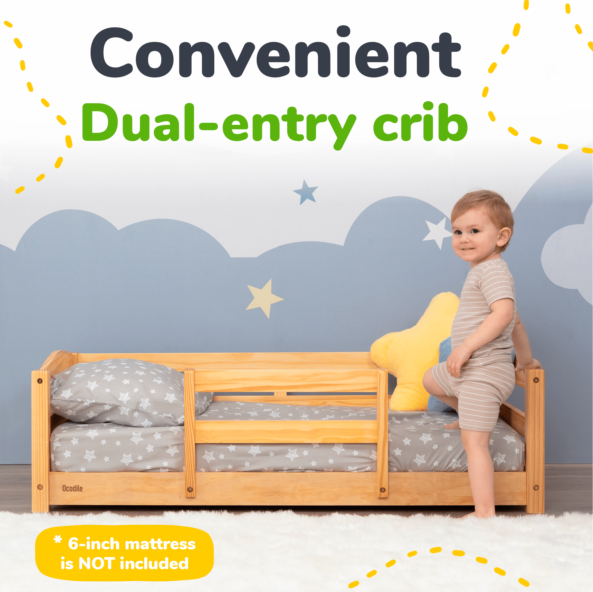 Crib Size Wooden Floor Bed Frame with Rails for Toddlers Age 1–3 - HearthHub