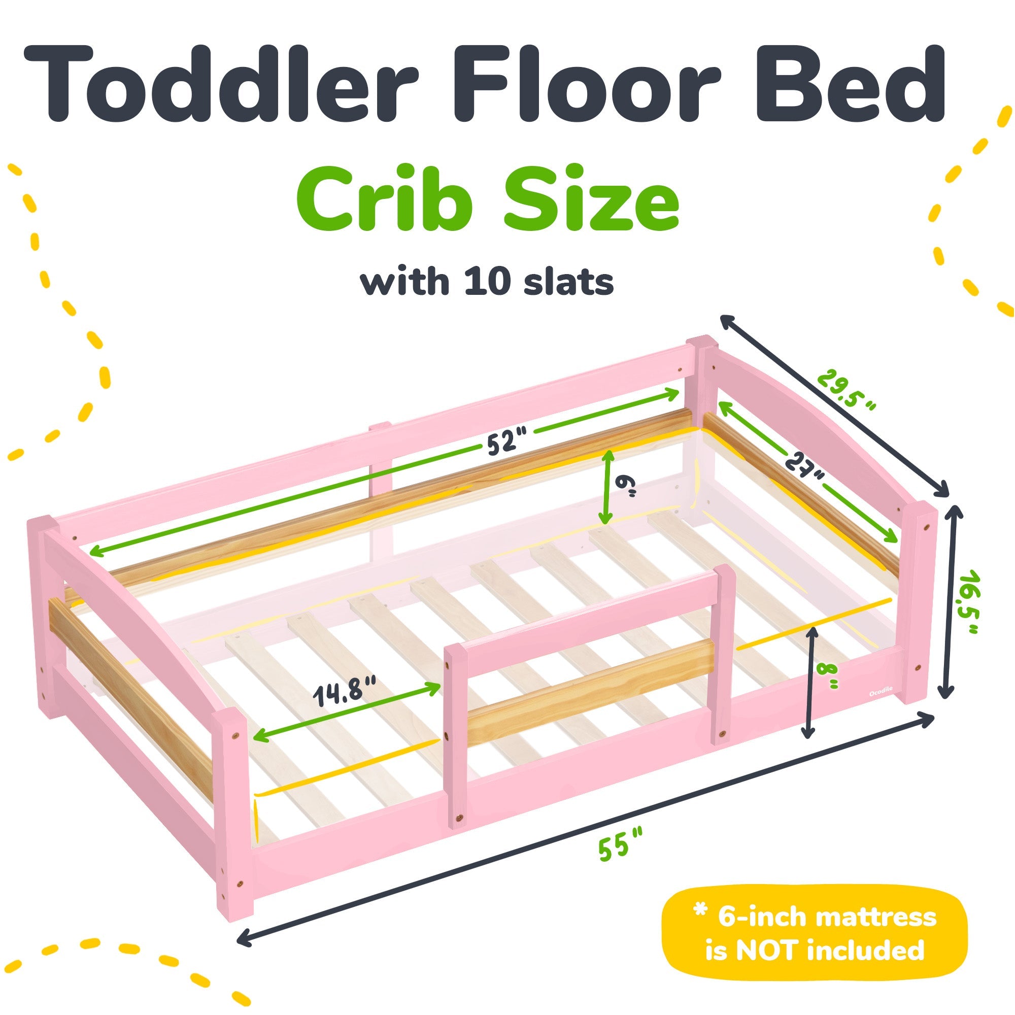 Crib Size Wooden Floor Bed Frame with Rails for Toddlers Age 1–3 - HearthHub