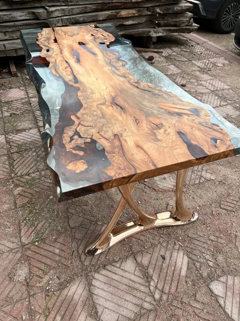 Natural Epoxy Side Dining Table Made Of Linden Wood | Aluminum Legs Featured - HearthHub