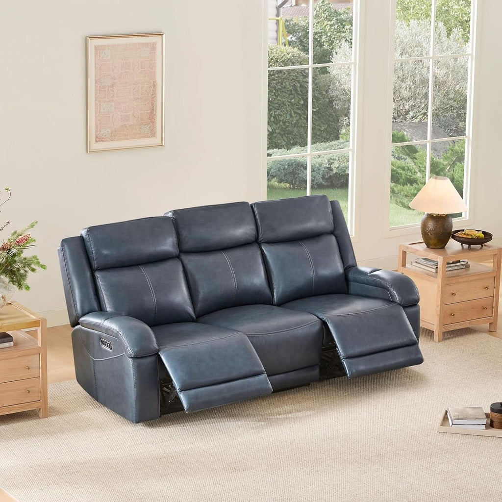 Navy Genuine Leather Power Recliner Sofa With USB Type C - HearthHub
