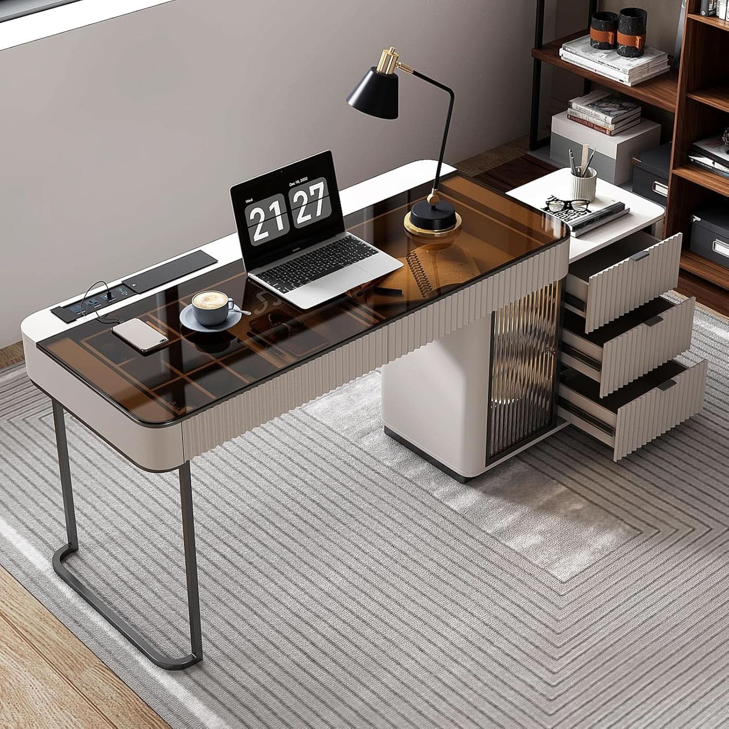 Ivory 50 Inch Office Computer Desk With Cabinet LED lights - HearthHub