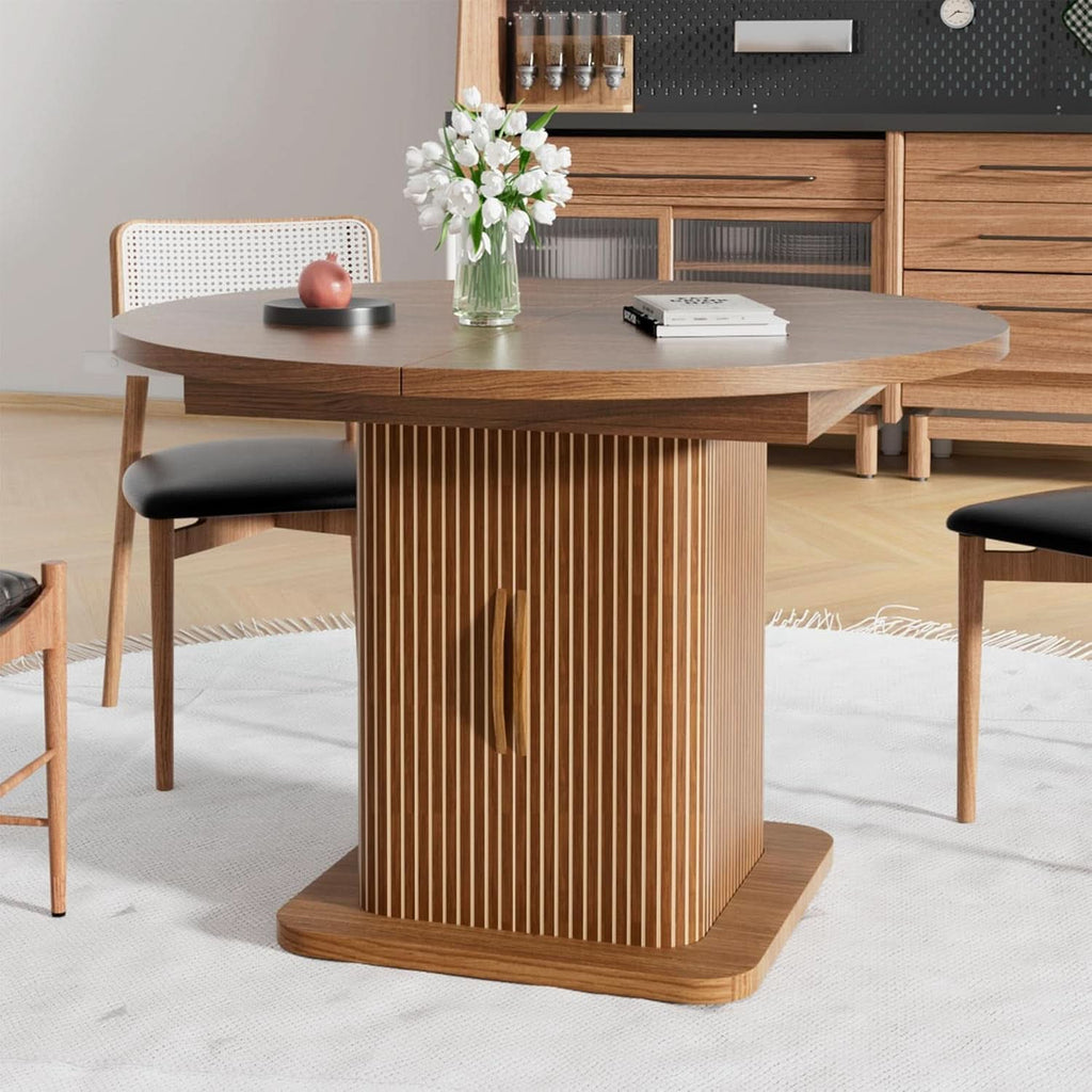 Extendable Round Dining Table 59 Inch Walnut Modern - HearthHub