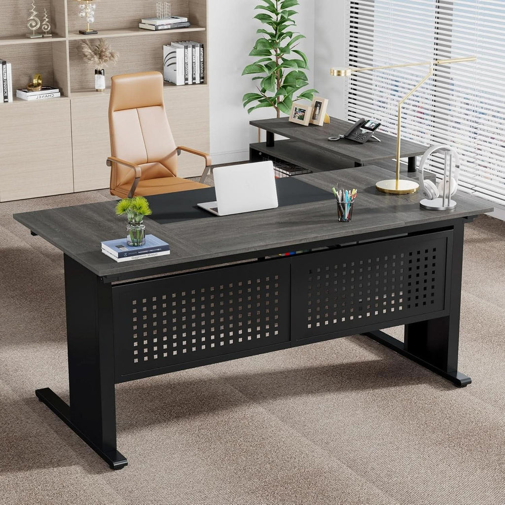 63 Inch Executive Desk With Integrated Cabinet Gray - HearthHub