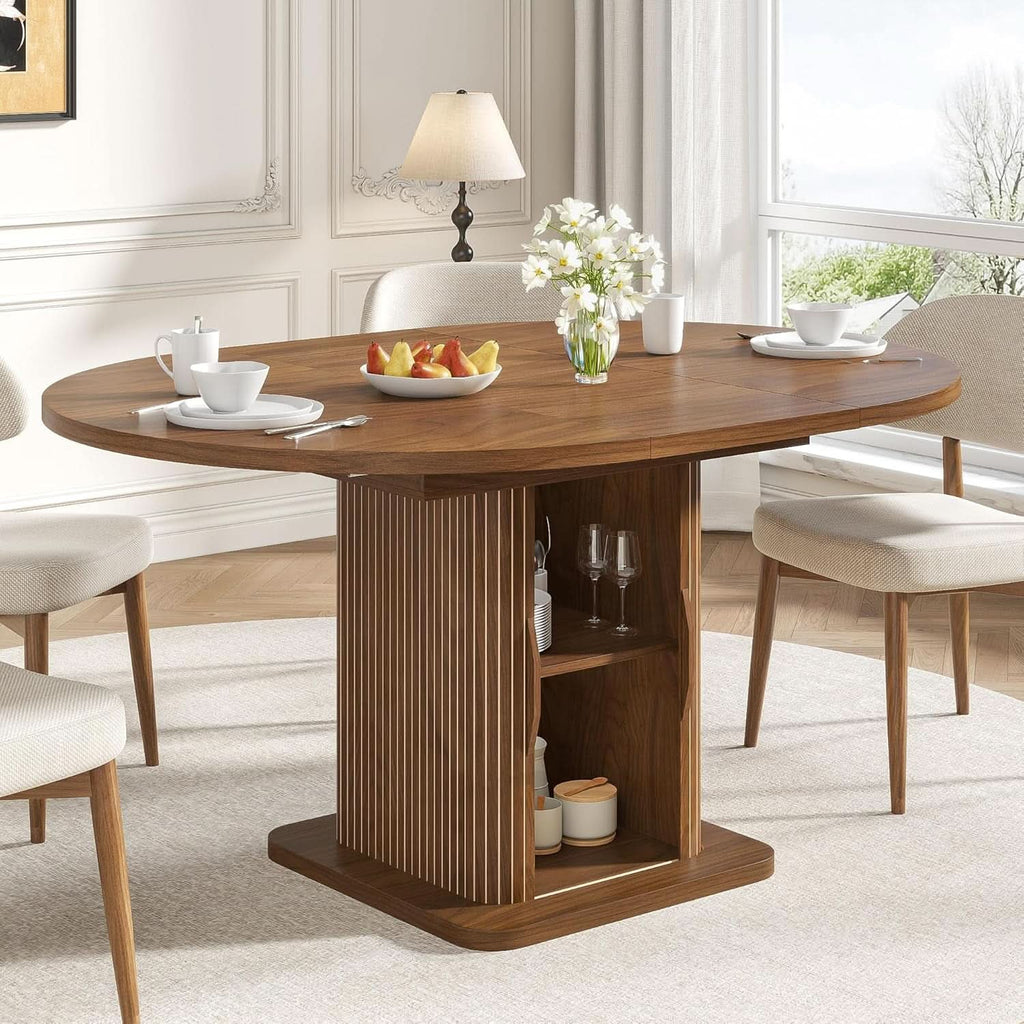 Extendable Round Dining Table 59 Inch Walnut Modern - HearthHub