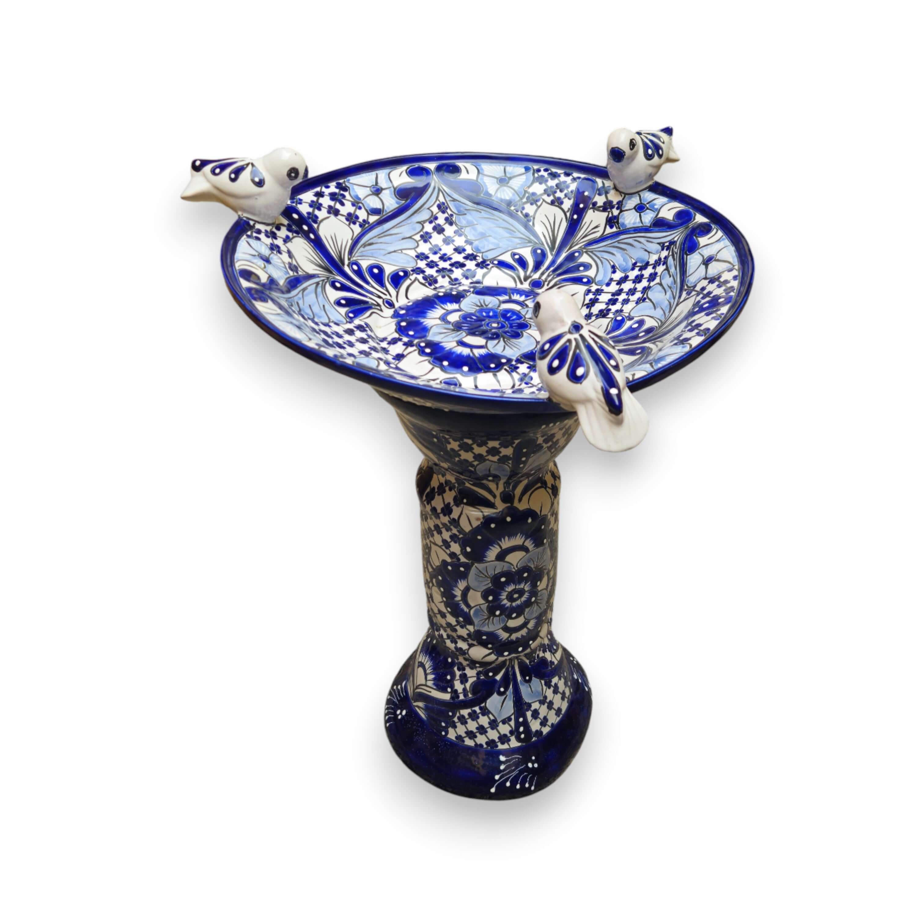 Blue & White Talavera Bird Bath with Rim Birds - HearthHub