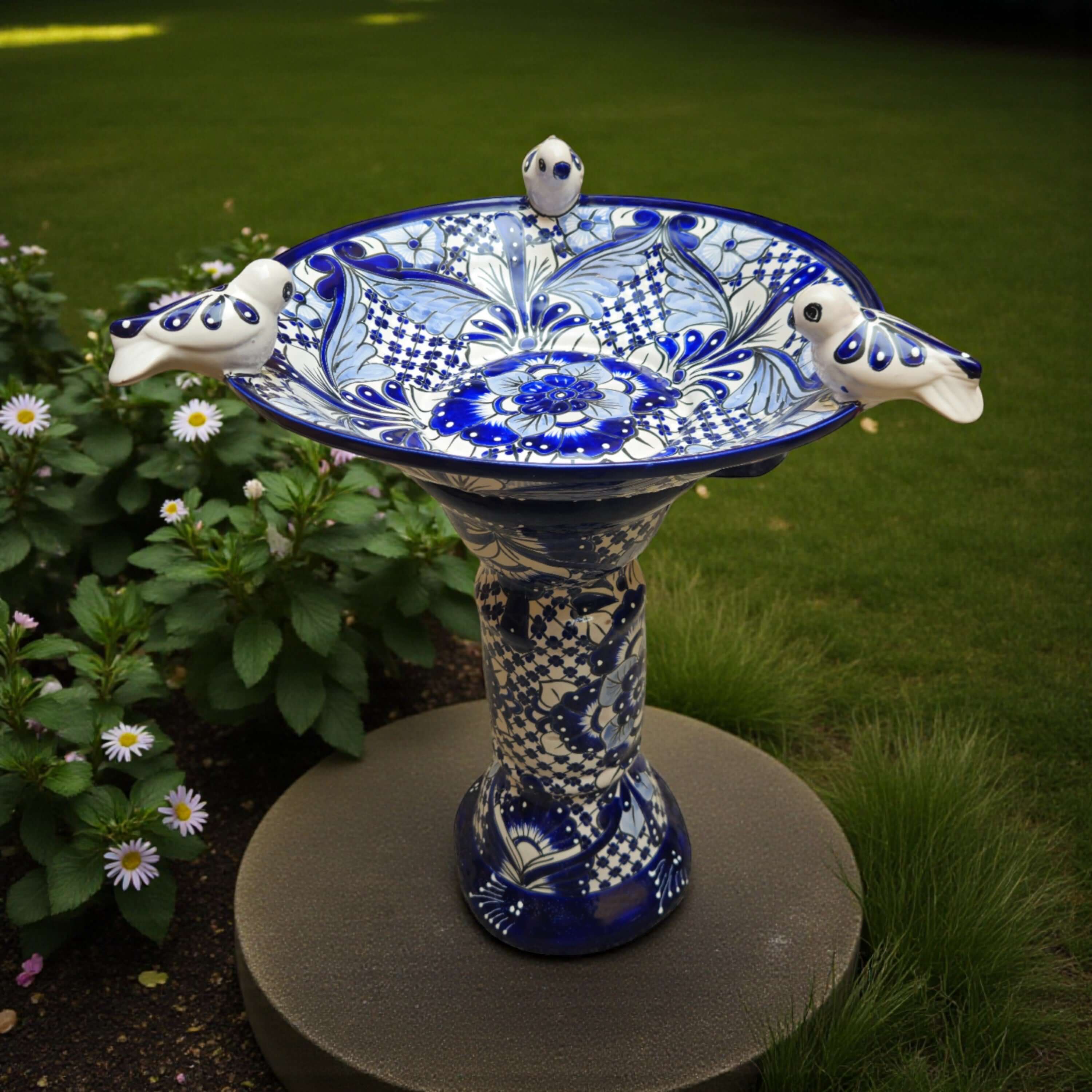Blue & White Talavera Bird Bath with Rim Birds - HearthHub