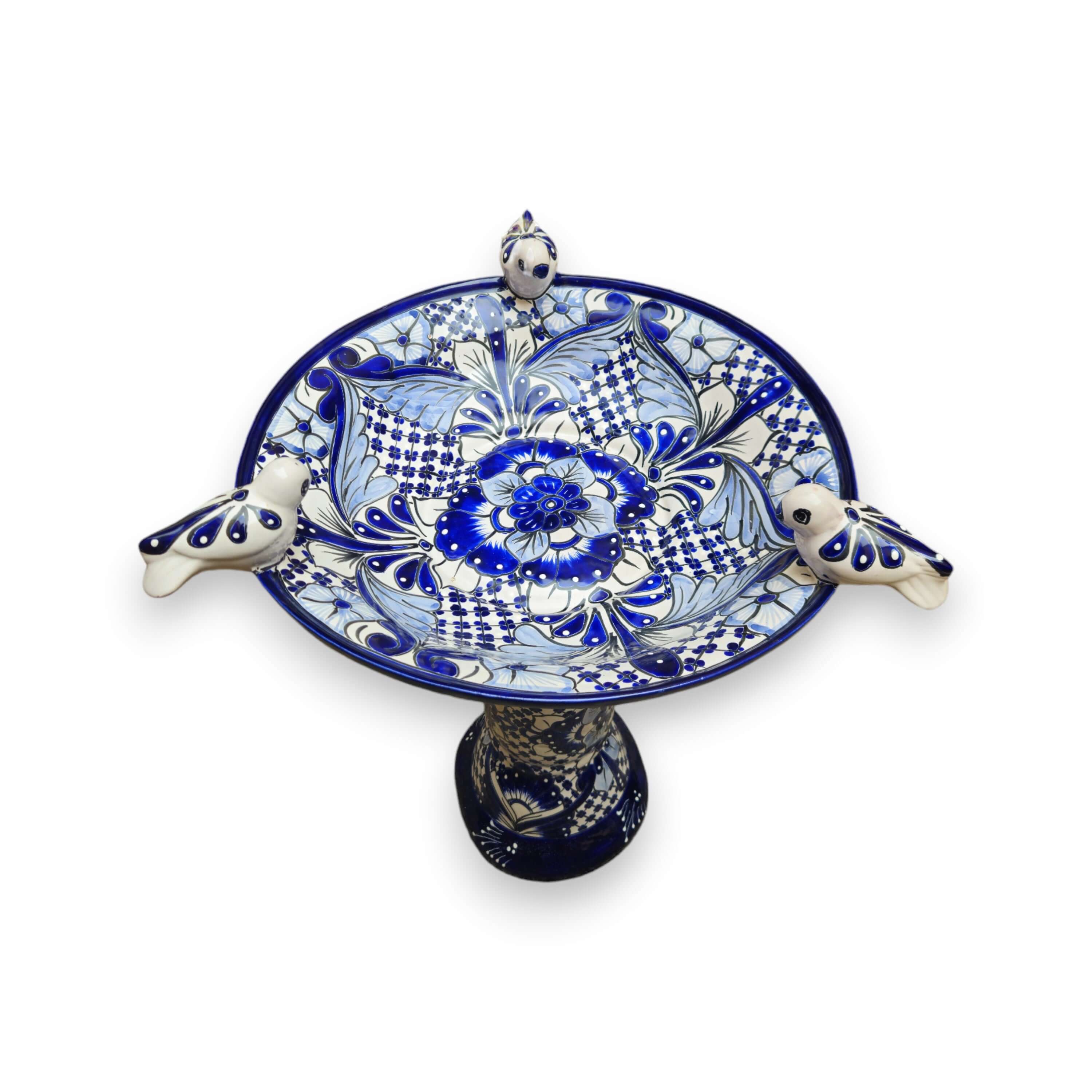 Blue & White Talavera Bird Bath with Rim Birds - HearthHub