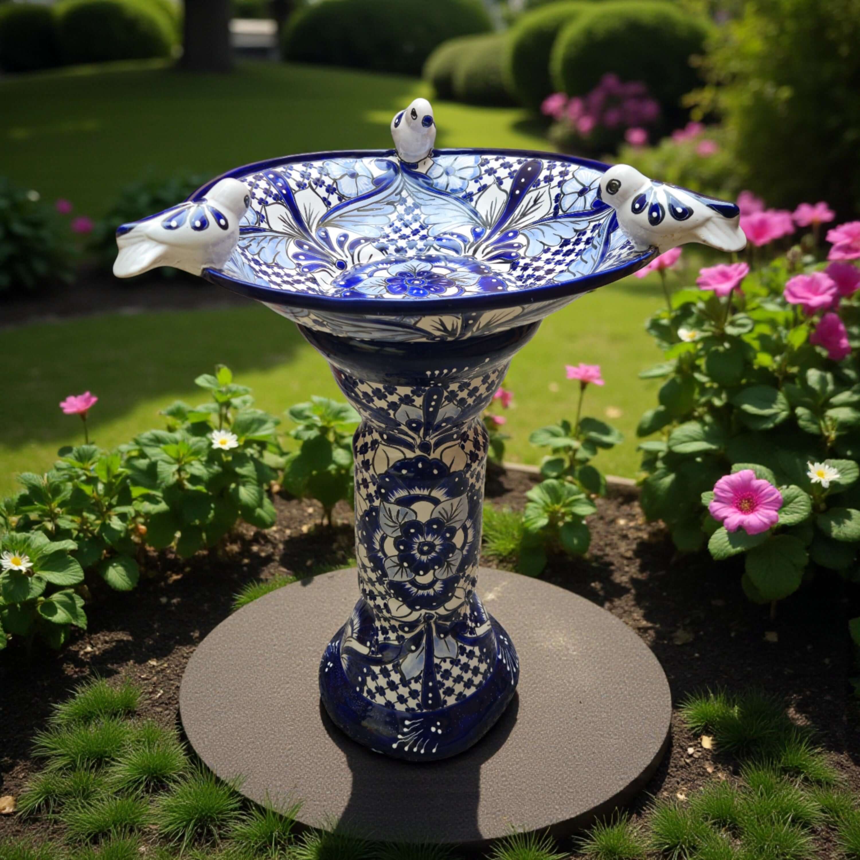 Blue & White Talavera Bird Bath with Rim Birds - HearthHub