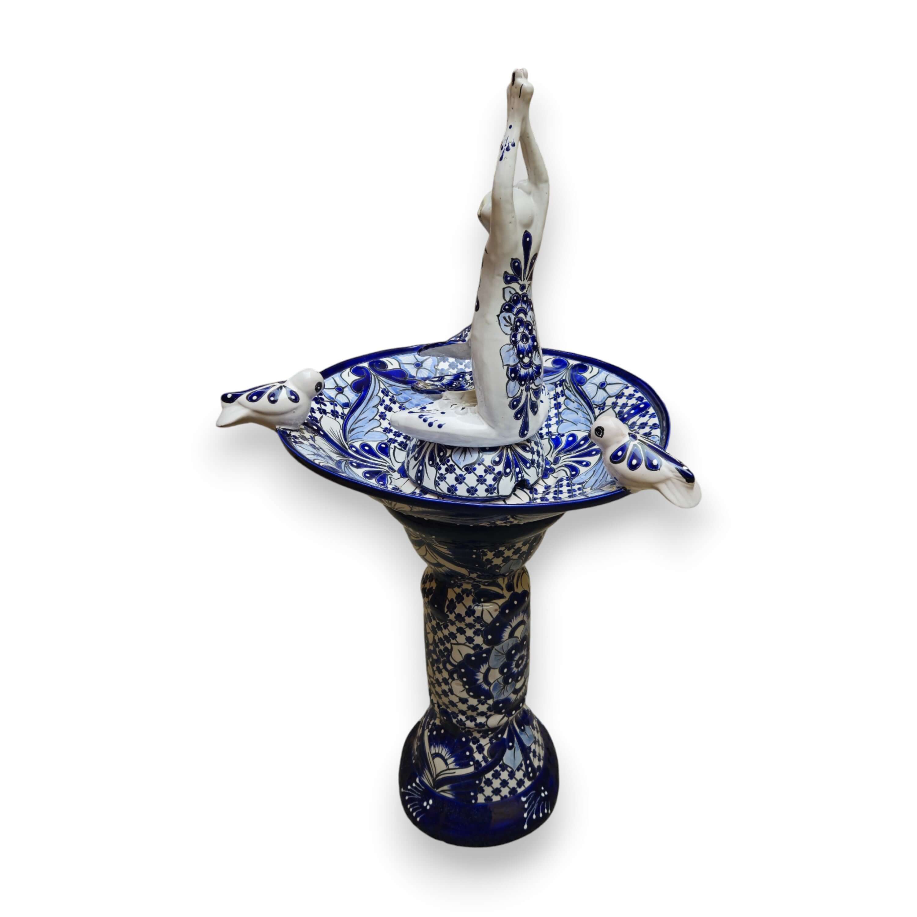 Blue & White Talavera Frog Fountain with Rim Birds | Mexican Garden - HearthHub