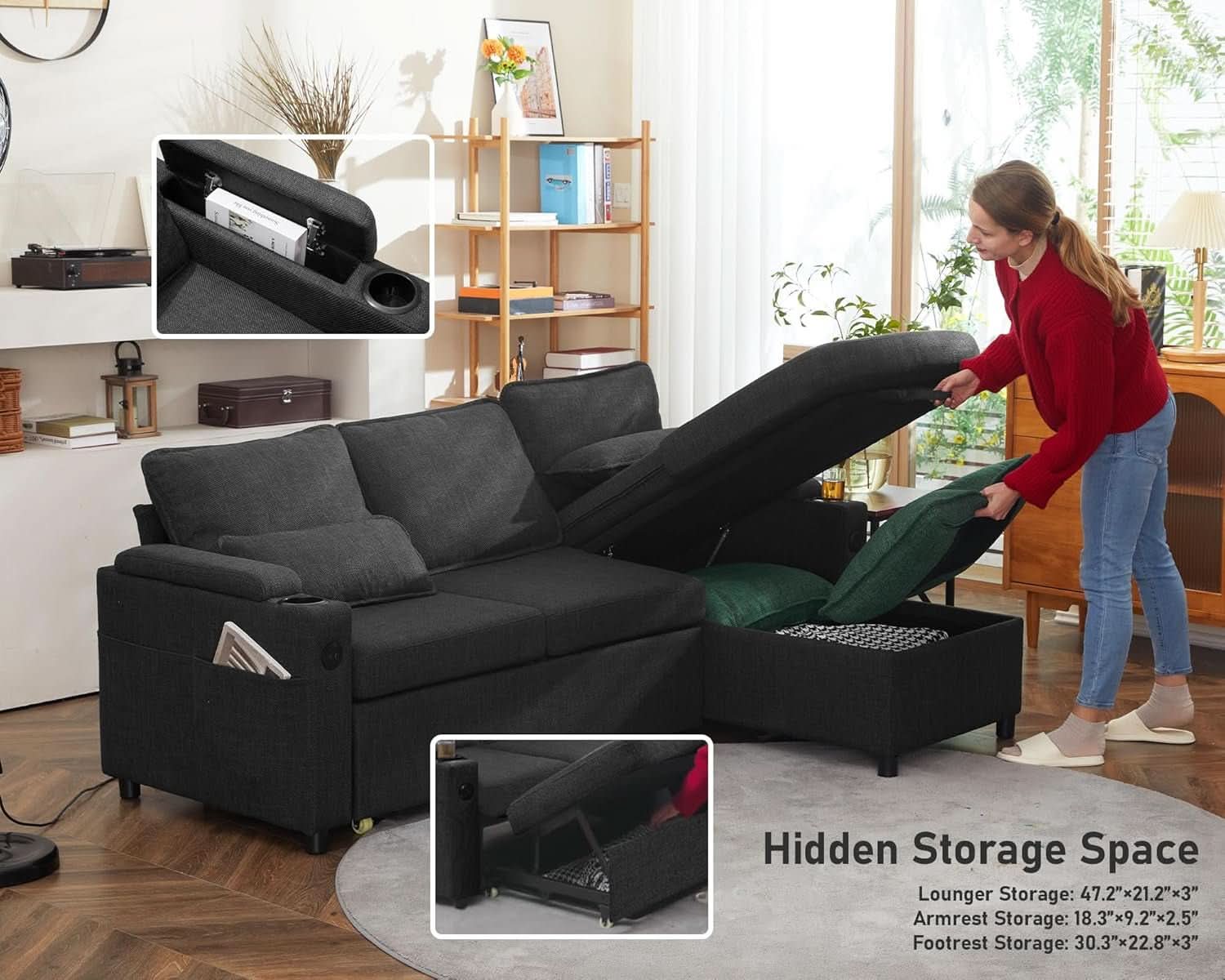 Convertible Sofa Bed with Storage and Cup Holder - HearthHub